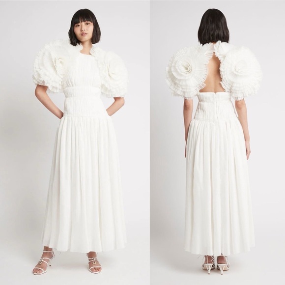 Aje Sculptura Expressive Ruffle Detailed Pleated Organza Maxi Dress White Bridal - Picture 14 of 16